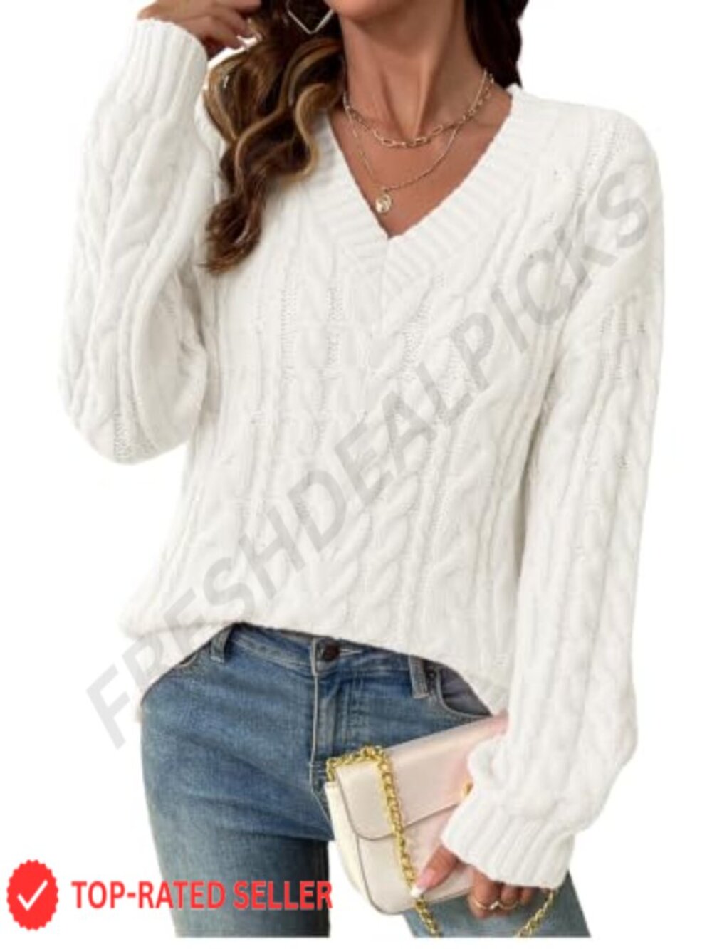 Oversized Cable Knit Sweater V Neck Off Shoulder Long Sleeve Pullover